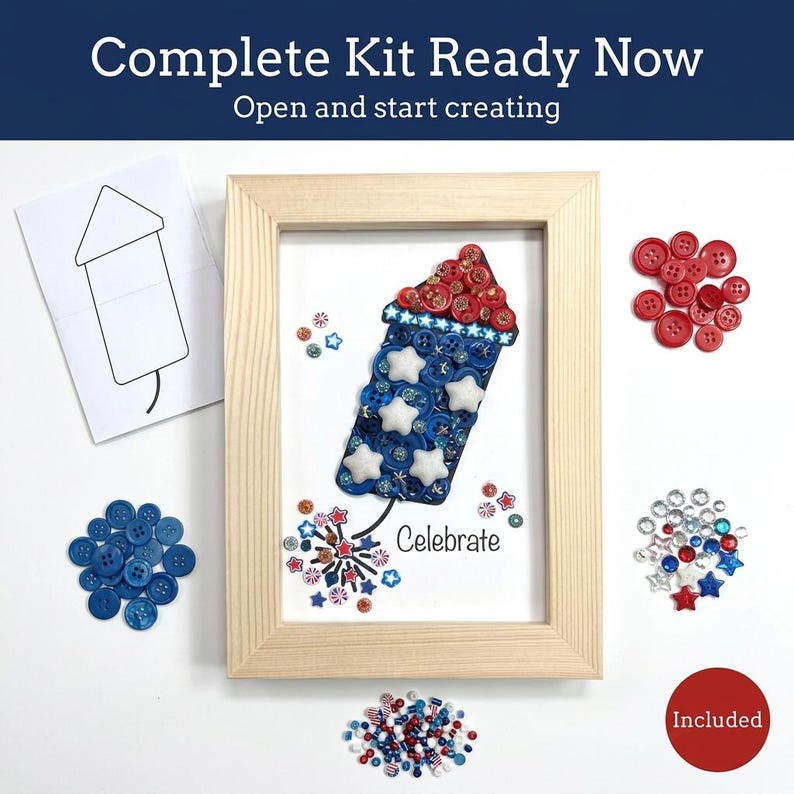 May include: A framed craft kit with a patriotic theme. The artwork features a firework design made of red and blue buttons and white star embellishments. The text "Complete Kit Ready Now" and "Celebrate" are visible.