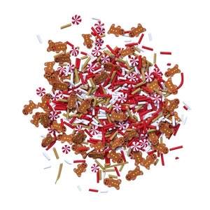 Op de afbeelding: Een mix van rode en witte sprinkles, bruine gingerbread men en candy cane sprinkles.