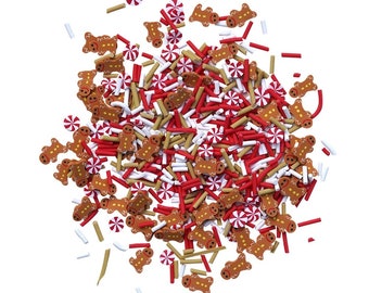 May include: A mix of red and white sprinkles, brown gingerbread men, and candy cane sprinkles.