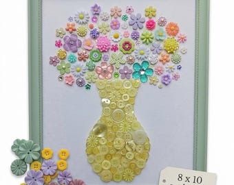 Flower Button Art Bundle | 75+ Assorted Flower Buttons + Yellow Fillers | Craft & DIY Decor Kit (8” x 10” Frame Size)