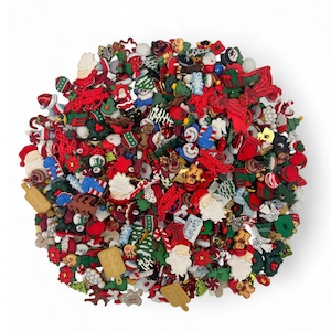 May include: A collection of Christmas-themed embellishments, including Santa Claus figures, Christmas trees, gingerbread men, and gift boxes. The embellishments are in various colors, including red, green, white, and gold. The items are arranged in a circular shape against a white background.
