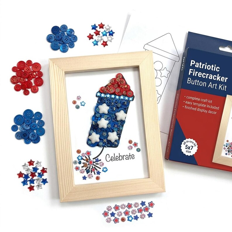 May include: A framed patriotic firecracker button art kit. The artwork features a firecracker design made of red, white, and blue buttons and star embellishments. The kit includes a 5x7 inch frame and the text "Celebrate".