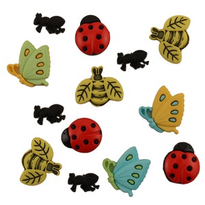 May include: Assortment of colorful plastic buttons featuring various insects and butterflies. The buttons are yellow, green, blue, red, and black.