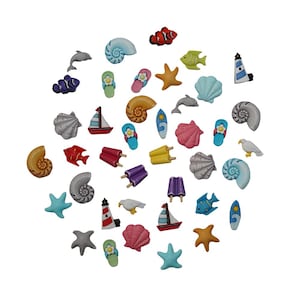 Beach Theme Craft Buttons, 50-Piece Set, Summer Designs for Sewing, Crafting, DIY Projects, Seashells, Flip Flops, Sailboats, 3D Shank Style