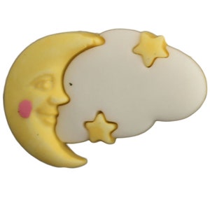 May include: A yellow crescent moon with a smiling face and pink blush, next to a white cloud with two yellow stars.