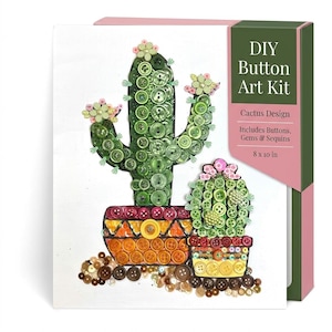 May include: DIY Button Art Kit featuring a cactus design. The artwork is made with green buttons, gems, and sequins. The kit measures 8 x 10 inches and includes all necessary materials for crafting.