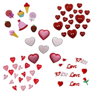 May include: Assortment of colorful heart-shaped buttons in pink, red, and white with various patterns and designs. Some buttons have the words "Love" and "I love you" printed on them.