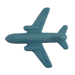 May include: A blue plastic toy airplane. The airplane has a long, narrow body with two wings and a tail. The airplane has a small propeller on the front and two small engines on the sides.