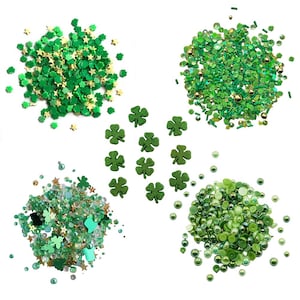 St. Patrick’s Day Button and Embellishment Set 5 Pack Including Glitter Shamrocks, Leprechaun Hats, Green Flowers, Sprinkles for DIY Crafts