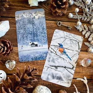 Peut inclure: Deux cartes de tarot sur une surface en bois avec des pommes de pin, une cl&eacute; et des fleurs blanches. La premi&egrave;re carte est "O The Fool" avec une sc&egrave;ne de montagne enneig&eacute;e et une petite cabane. La deuxi&egrave;me carte est "Page of Swords" avec un oiseau bleu perch&eacute; sur une branche recouverte de neige.