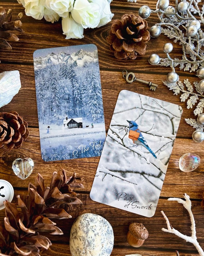 Peut inclure: Deux cartes de tarot sur une surface en bois avec des pommes de pin, une cl&eacute; et des fleurs blanches. La premi&egrave;re carte est "O The Fool" avec une sc&egrave;ne de montagne enneig&eacute;e et une petite cabane. La deuxi&egrave;me carte est "Page of Swords" avec un oiseau bleu perch&eacute; sur une branche recouverte de neige.