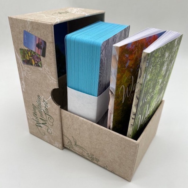 May include: A brown cardboard box with a blue, white, and green deck of cards inside. The box has the text "Morning Meditation Tarot" printed on it.