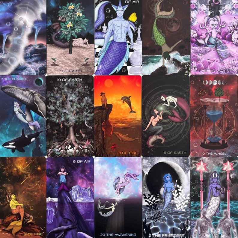 Puede incluir: Un conjunto de 10 cartas de tarot con sirenas y otras criaturas m&iacute;ticas. Las cartas est&aacute;n ilustradas con colores vibrantes y detalles intrincados. Las cartas forman parte de una baraja m&aacute;s grande de 78 cartas.