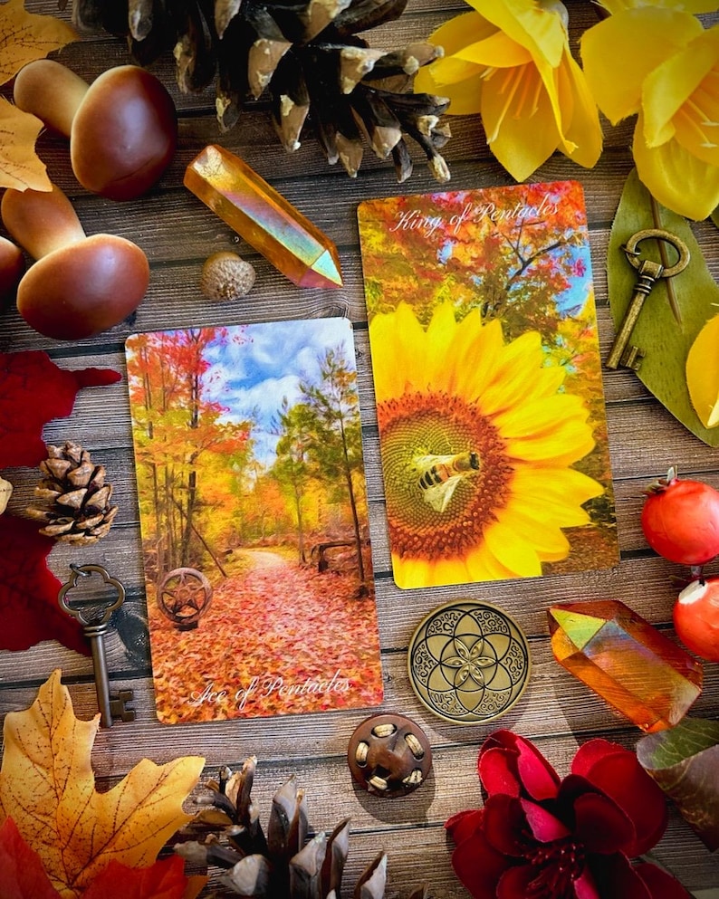 May include: Two tarot cards, the Ace of Pentacles and the King of Pentacles, are displayed on a wooden surface with autumnal decor. The Ace of Pentacles shows a path through a forest with fall foliage, while the King of Pentacles features a sunflower with a bee.