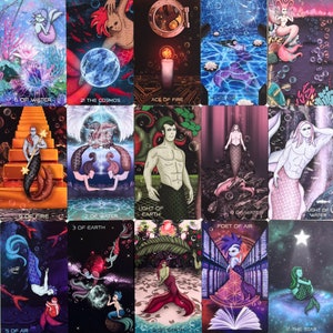 Puede incluir: Un conjunto de 17 cartas de tarot con sirenas y otras criaturas m&iacute;ticas. Las cartas est&aacute;n ilustradas con colores vibrantes y detalles intrincados. Las cartas est&aacute;n numeradas del 1 al 17 e incluyen los siguientes t&iacute;tulos: 6 of Water, 21 The Cosmos, Ace of Fire, 4 of Air, 9 of Fire, 2 of Water, Light of Earth, 8 of Water, Light of Water, 3 of Earth, Poet of Air, 5 of Air, 17 The Star.