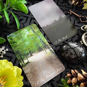 May include: Two tarot cards on a black background. The card on the left is The Hanged Man, depicting a forest path. The card on the right is The Devil, showing a foggy landscape.