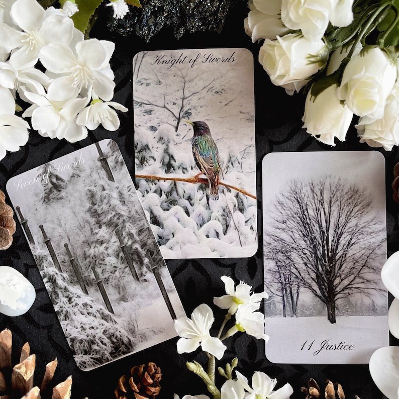 May include: Three tarot cards with wintery scenes. The first card is "Seven of Swords" with a snowy forest and a path. The second card is "Knight of Swords" with a snowy landscape and a bird. The third card is "11 Justice" with a bare tree in a snowy landscape.
