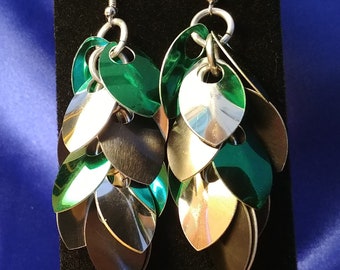 Silver Green Tri-Colored Feather Scale Maille Earrings