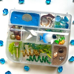 Pu&ograve; includere: Una scatola di contenimento in plastica trasparente con pi&ugrave; scomparti riempiti di vari oggetti per un set di gioco oceanico immaginario. Gli scomparti contengono sabbia blu, una moneta, conchiglie, gemme di vetro, ornamenti dorati e marroni, una colomba bianca, un pesce blu, puliscipipe verdi e dorati, una bottiglia di vetro con un tappo di sughero, muschio verde e sabbia marrone con conchiglie.