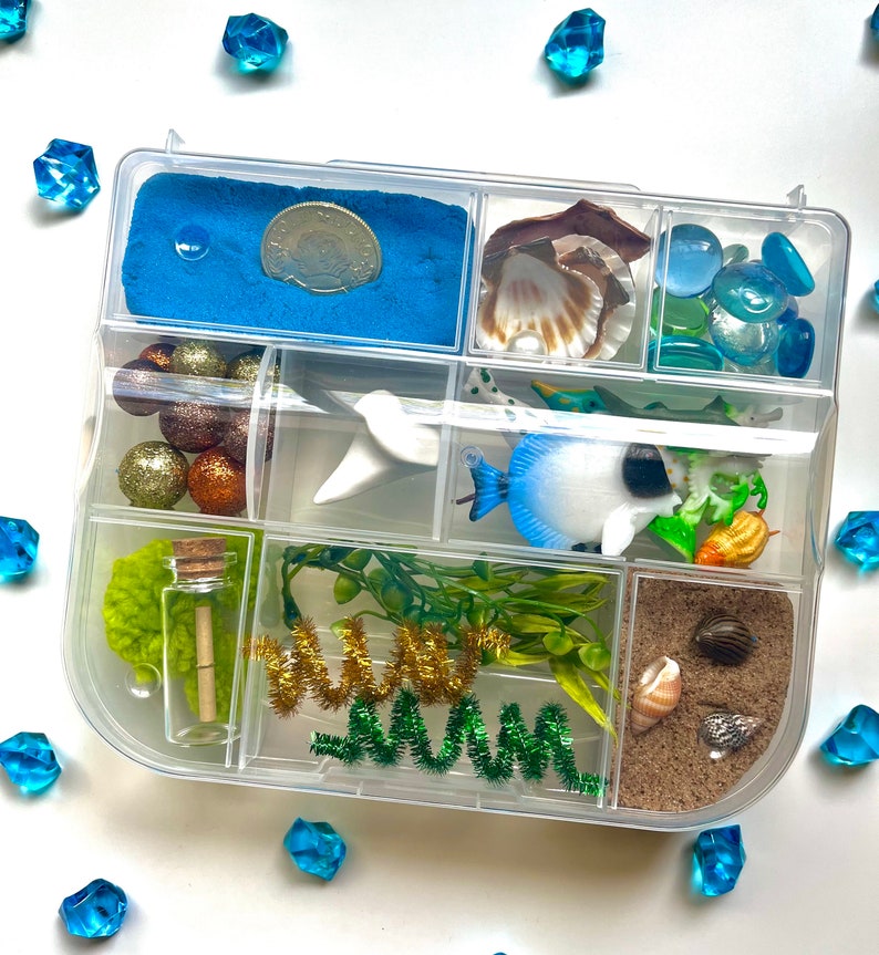 Pu&ograve; includere: Una scatola di contenimento in plastica trasparente con pi&ugrave; scomparti riempiti di vari oggetti per un set di gioco oceanico immaginario. Gli scomparti contengono sabbia blu, una moneta, conchiglie, gemme di vetro, ornamenti dorati e marroni, una colomba bianca, un pesce blu, puliscipipe verdi e dorati, una bottiglia di vetro con un tappo di sughero, muschio verde e sabbia marrone con conchiglie.
