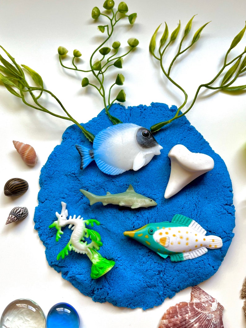 Pu&ograve; includere: Una scena oceanica di pasta modellabile blu con un pesce bianco e blu, un cavalluccio marino verde e bianco, uno squalo bianco, un dente bianco e un pesce giallo e bianco. La scena oceanica &egrave; circondata da piante di plastica verdi.