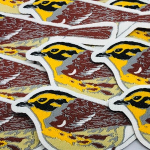 Puede incluir: Una colección de parches bordados con pájaros amarillos, marrones y grises con ojos negros. Los pájaros están posados sobre un fondo blanco.