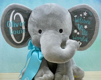Elefante relleno de bienvenida personalizado al mundo - Recuerdo del bebé - Felpa para bebés - Decoración de la guardería - Regalo de baby shower - Regalo para recién nacidos - 9" Gris
