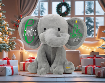 Personalized Christmas Elephant Plush – My First Christmas 2025 Stuffed Animal, Custom Baby Gift, Newborn Keepsake Elephant Toy, Gray 9”