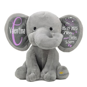 May include: Gray plush elephant stuffed animal with a purple embroidered letter C and the name Valentina on one ear. The other ear has a purple embroidered welcome to the world message with the date 05-29-2023, 7 lbs, 23 inches, and 5:30 PM.