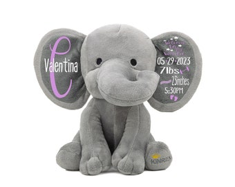 Estadísticas de nacimiento personalizadas Bienvenido elefante relleno - Anuncio de nacimiento - Regalo de baby shower - Regalo de recién nacido - Decoración de guardería - Elefante gris de 9"