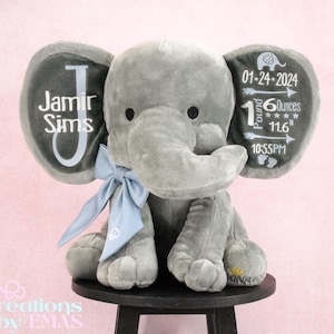 Personalized Birth Stats Stuffed Elephant - Birth Announcement Plush - Baby Shower Gift - Newborn Gift - Nursery Decor - 9" Gray Elephant