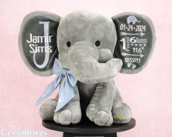 Personalized Birth Stats Elephant – Baby Birth Announcement Plush – Custom Newborn Gift – Baby Shower Keepsake – Nursery Decor - 9" Gray