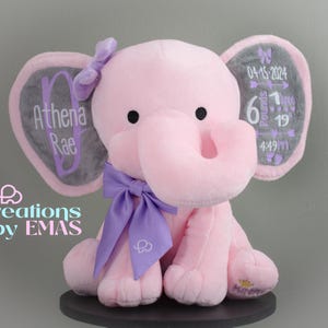 Personalisierter Plüschelefant - Geburtsanzeige Plüsch - Babypartygeschenk - Neugeborenen Geschenk - Kinderzimmer Dekor - 9 "rosa Elefant