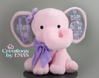 Elefante de peluche personalizado con datos de nacimiento - Anuncio de nacimiento - Regalo para baby shower - Regalo para recién nacido - Decoración para habitación infantil - Elefante rosa de 23 cm