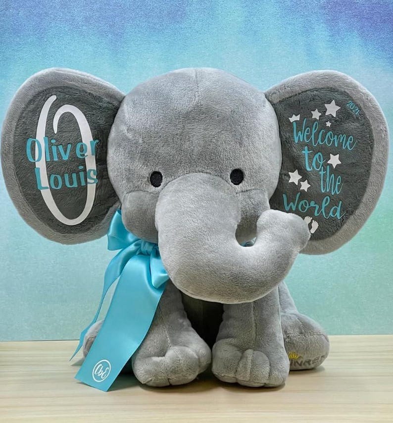 Personalized Stuffed Elephant Plush - Custom Birth Stats Announcement Stuff Elephants Animals for Babies, Baby Shower, Purple 9 Inches image 2