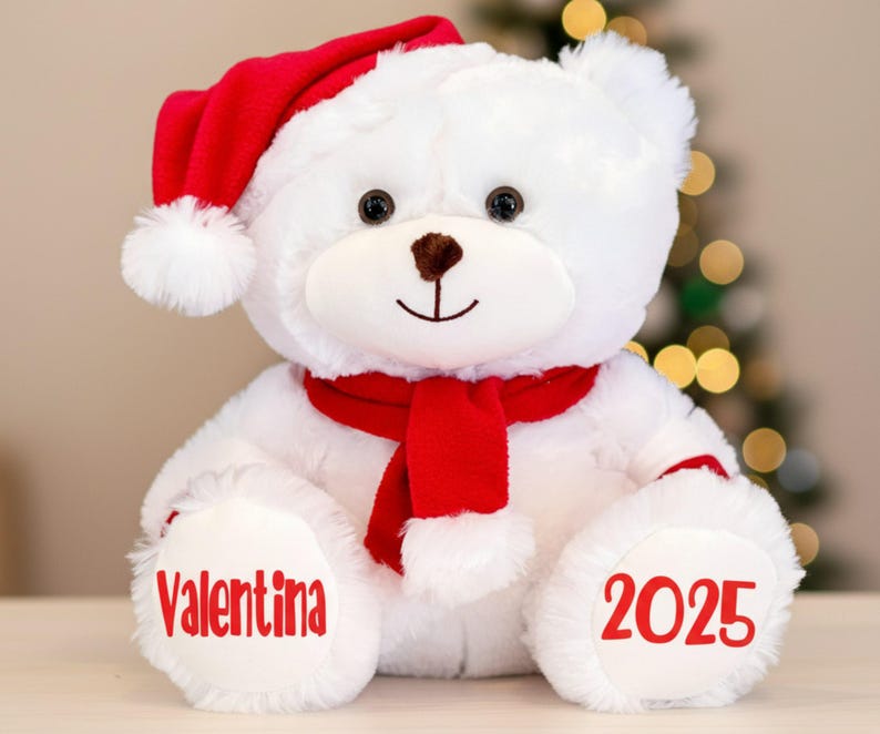 Personalized Christmas Teddy Bear – White Santa Plush Toy With Scarf ...