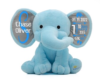 Elefante de peluche personalizado con estadísticas de nacimiento - Anuncio de nacimiento - Regalo para baby shower - Regalo para recién nacido - Decoración infantil - Elefante azul de 23 cm