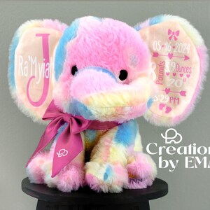 Personalized Birth Stats Stuffed Elephant - Birth Announcement Plush - Baby Shower Gift - Newborn Gift - Nursery Decor - 9" Rainbow Elephant