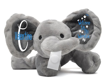 Porta ciuccio personalizzato Benvenuto nell'Elefante del mondo, Regalo con clip per ciuccio, Peluche per bambini personalizzato, Elefante per la doccia per bambini, Regalo per neonati