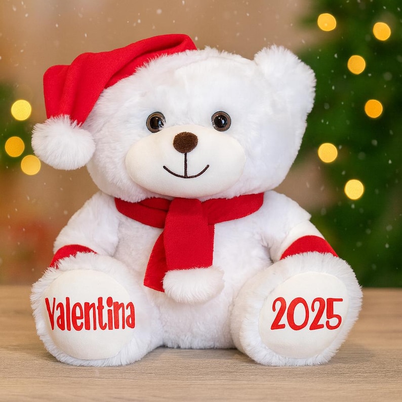 Personalized Christmas Teddy Bear – White Santa Plush Toy With Scarf ...