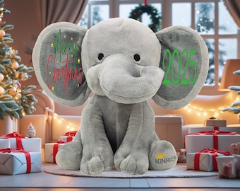 Personalized Merry Christmas Elephant 2025 – Gray Stuffed Animal Gift for Baby, Boy, Girl, Newborn – Holiday Plush Keepsake Toy, Gray 9”