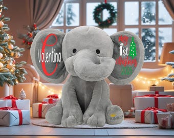 Personalized My 1st Christmas Elephant 2025 – Custom Plush Stuffed Animal Gift for Baby Boy Girl, Newborn Keepsake Toy, Gray 9”