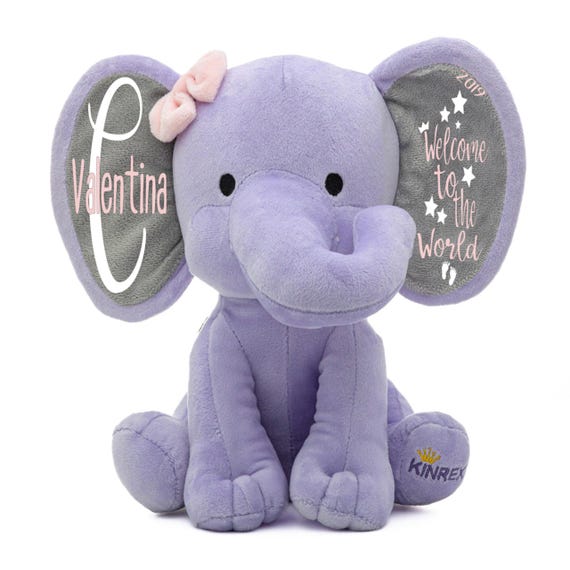 Personalized Stuffed Elephant Plush - Custom Birth Stats Announcement Stuff Elephants Animals for Babies, Baby Shower, Purple 9 Inches