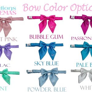 May include: A selection of bow ties in various colors, including light pink, bubble gum, passion pink, lilac, sky blue, pale blue, mint, powder blue, and white. Each bow tie has a matching adjustable strap and a small embroidered design.