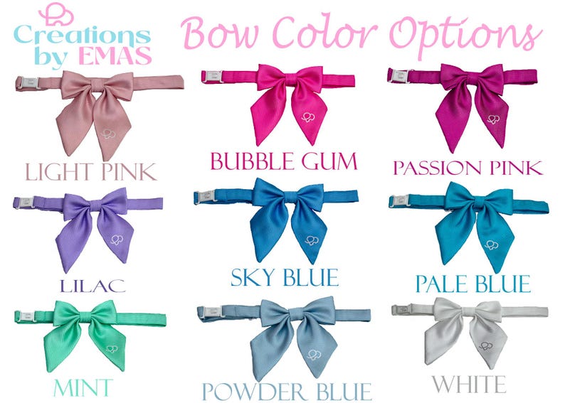 May include: A selection of bow ties in various colors, including light pink, bubble gum, passion pink, lilac, sky blue, pale blue, mint, powder blue, and white. Each bow tie has a matching adjustable strap and a small embroidered design.