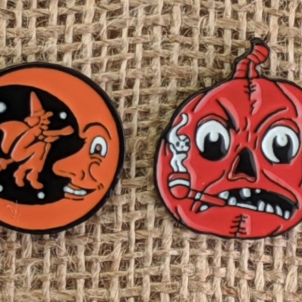 Vintage Halloween Pins Set: Witch & Pumpkin Enamel Pins