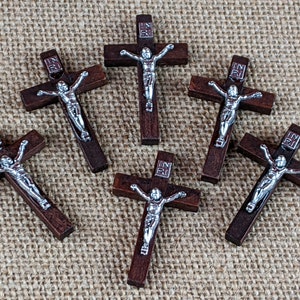 Set of 6 Small Wood Crucifixes -- perfect to wear for for religious projects like rosary making