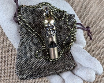 Skull Whistle (Copper / Brass) with chain and storage pouch - Ships from USA