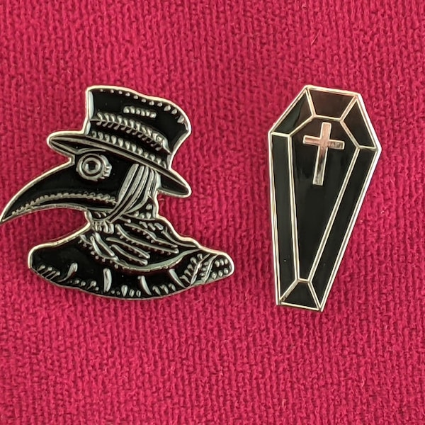 2-Pin Set : Plague Doctor AND Coffin, Enamel / Metal