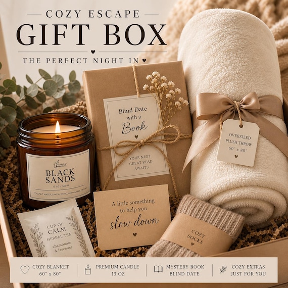 Luxury Cozy Gift Box with Blanket, Candle & Mystery Book, Self Care Gift for Women, Blind Date with a Book, Comfort Gift, Thinking of You